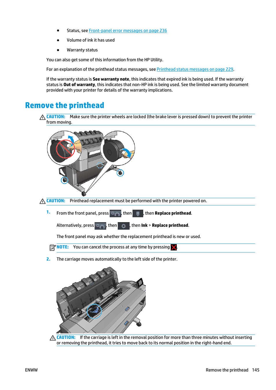 Remove the printhead | HP Designjet T2500 eMultifunction Printer series User Manual | Page 155 / 263
