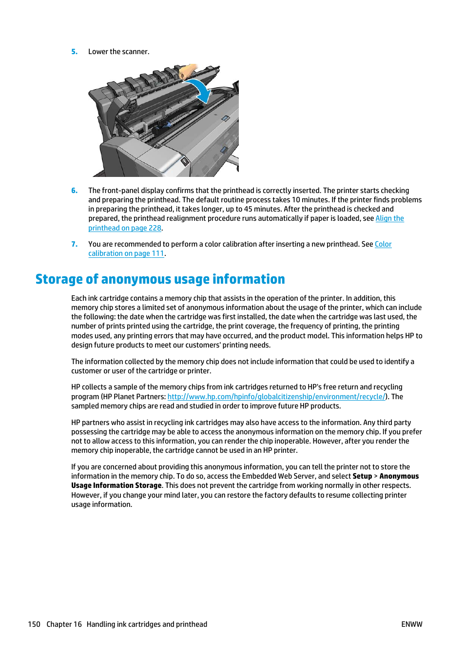 Storage of anonymous usage information | HP Designjet T2500 eMultifunction Printer series User Manual | Page 160 / 263