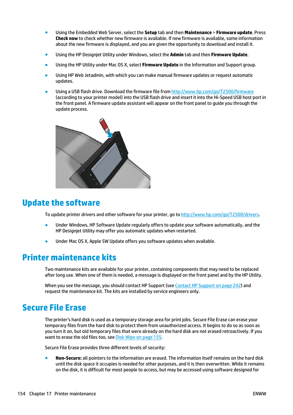 Update the software, Printer maintenance kits, Secure file erase | HP Designjet T2500 eMultifunction Printer series User Manual | Page 164 / 263