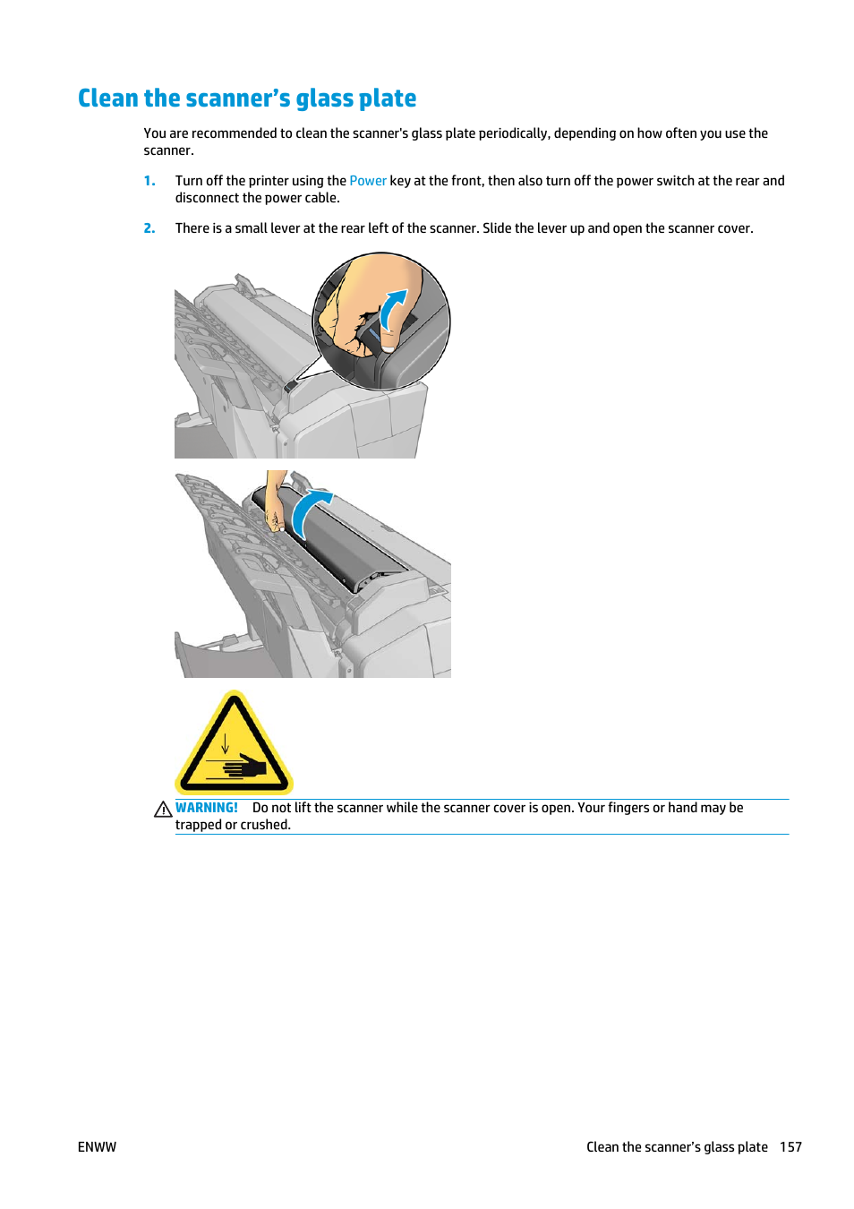 Clean the scanner’s glass plate | HP Designjet T2500 eMultifunction Printer series User Manual | Page 167 / 263