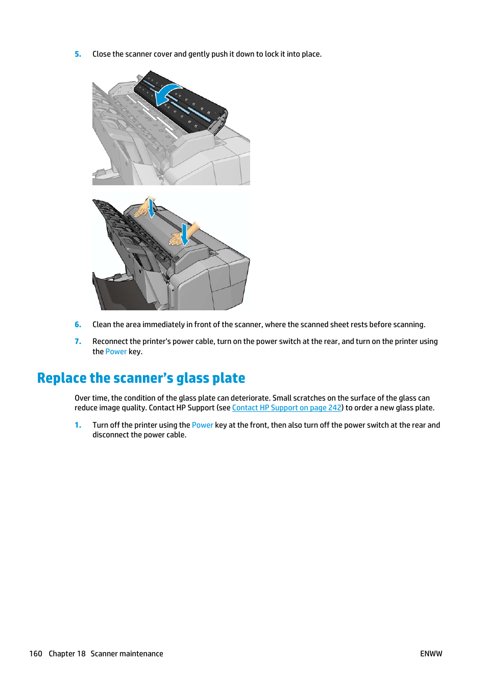 Replace the scanner’s glass plate | HP Designjet T2500 eMultifunction Printer series User Manual | Page 170 / 263