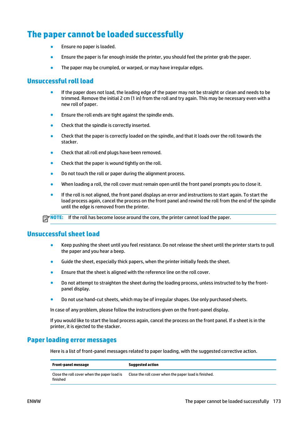 The paper cannot be loaded successfully, Unsuccessful roll load, Unsuccessful sheet load | Paper loading error messages, The paper cannot be | HP Designjet T2500 eMultifunction Printer series User Manual | Page 183 / 263