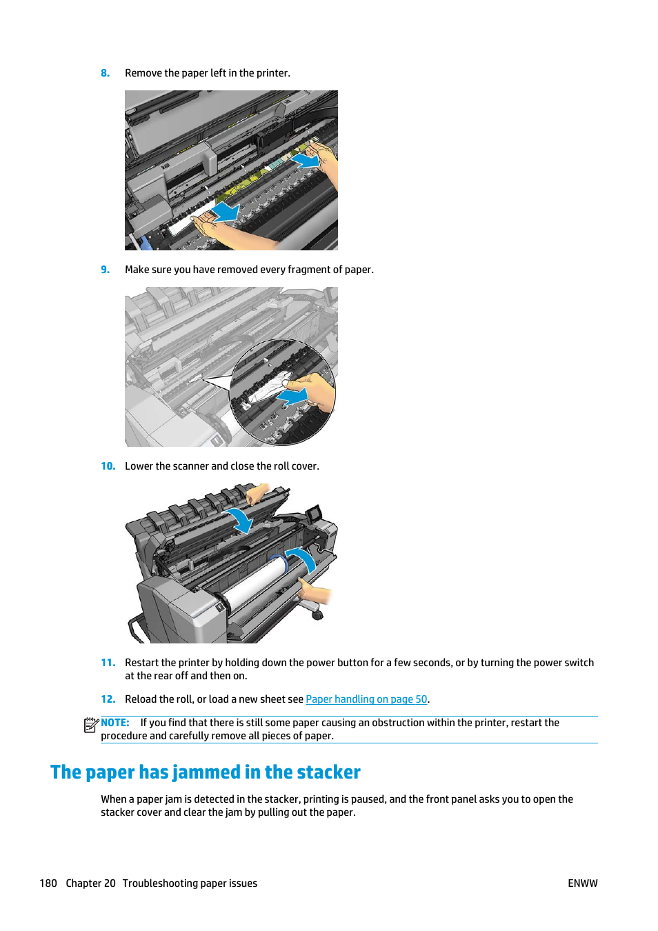 The paper has jammed in the stacker | HP Designjet T2500 eMultifunction Printer series User Manual | Page 190 / 263