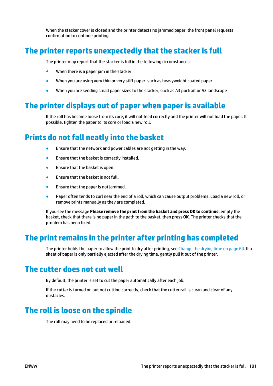 Prints do not fall neatly into the basket, The cutter does not cut well, The roll is loose on the spindle | HP Designjet T2500 eMultifunction Printer series User Manual | Page 191 / 263