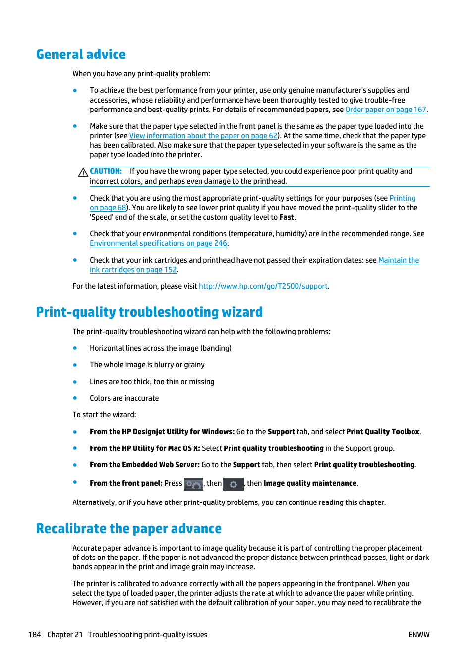 General advice, Print-quality troubleshooting wizard, Recalibrate the paper advance | HP Designjet T2500 eMultifunction Printer series User Manual | Page 194 / 263