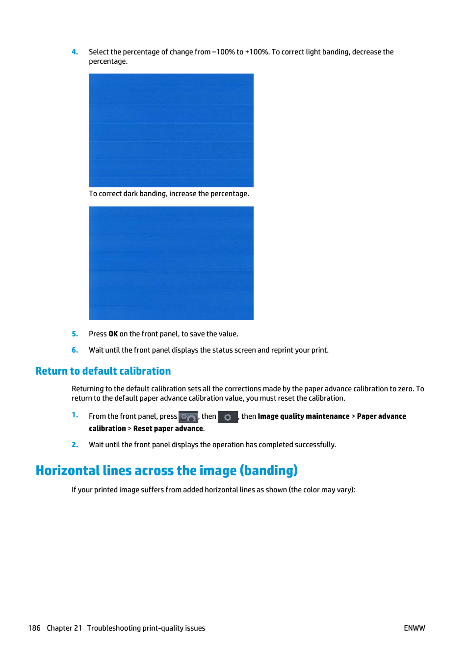 Return to default calibration, Horizontal lines across the image (banding) | HP Designjet T2500 eMultifunction Printer series User Manual | Page 196 / 263