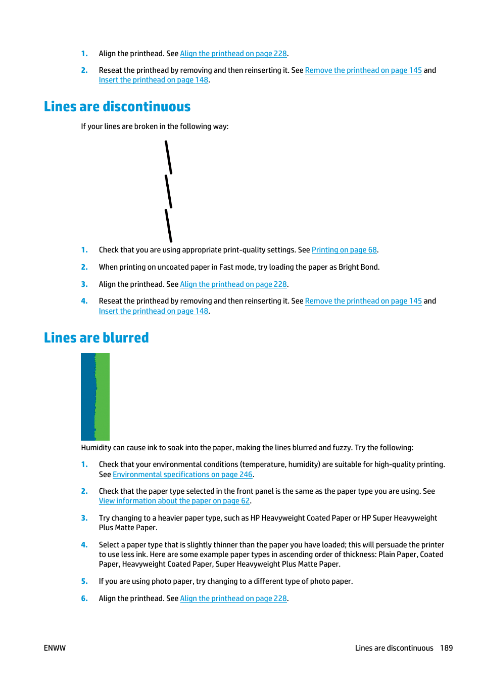 Lines are discontinuous, Lines are blurred, Lines are discontinuous lines are blurred | HP Designjet T2500 eMultifunction Printer series User Manual | Page 199 / 263