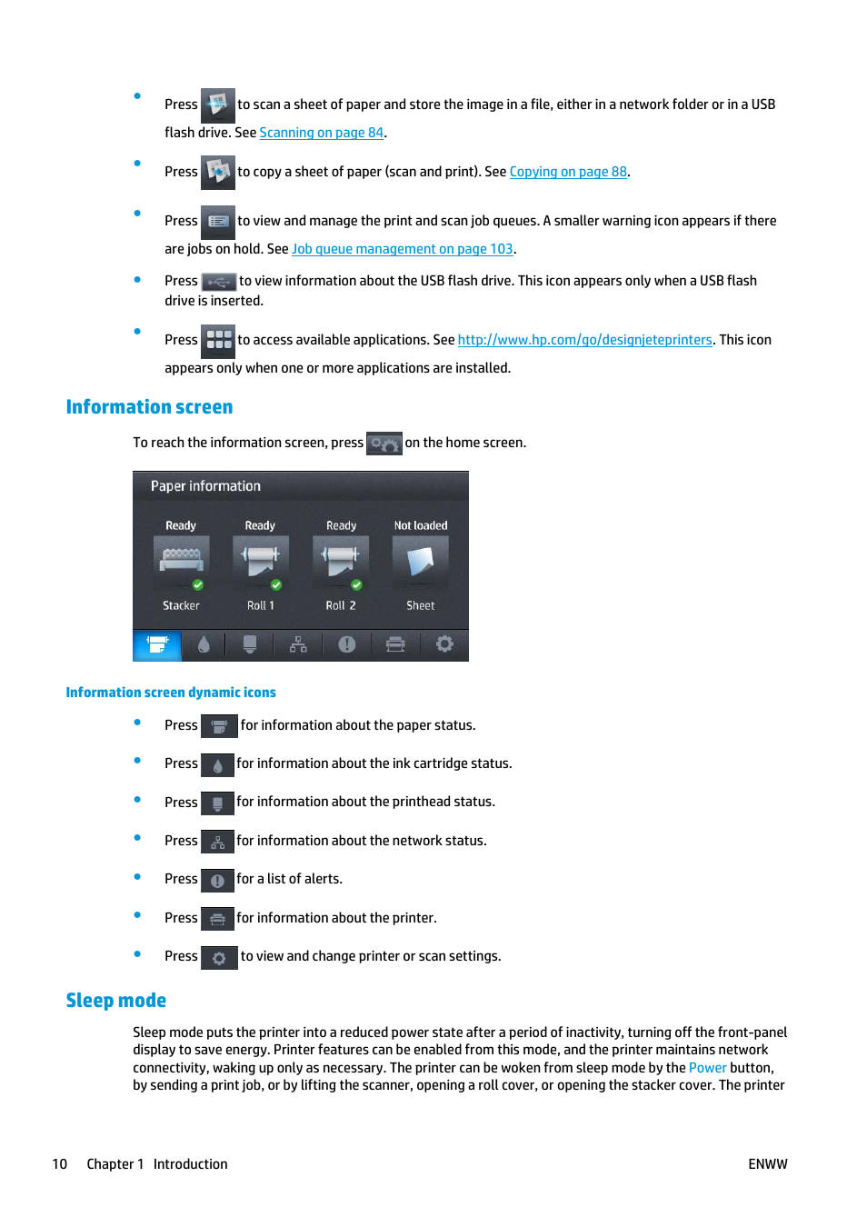Information screen, Sleep mode | HP Designjet T2500 eMultifunction Printer series User Manual | Page 20 / 263