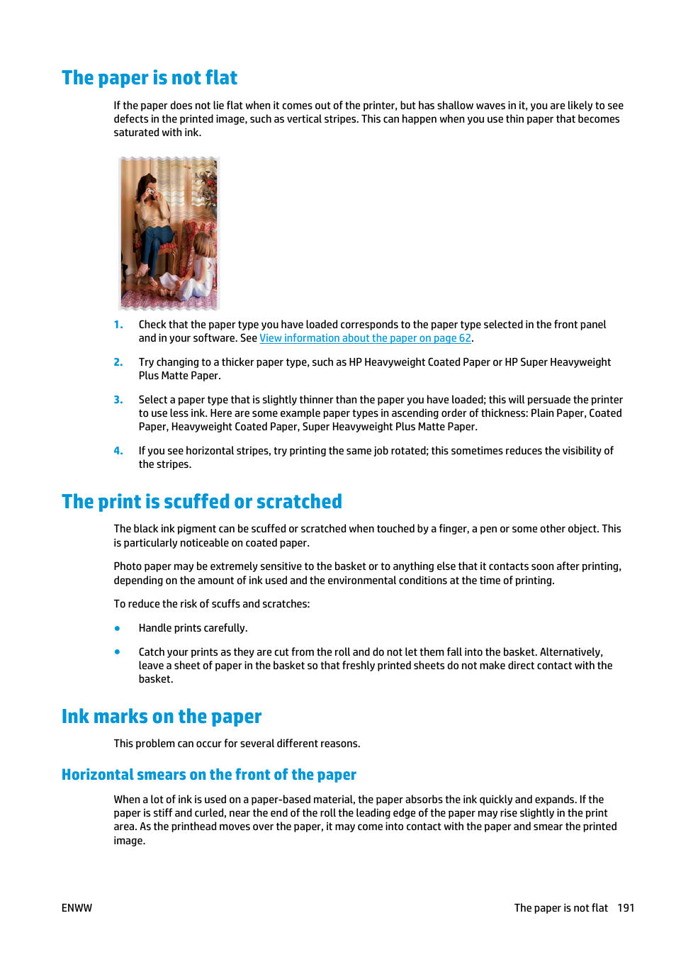 The paper is not flat, The print is scuffed or scratched, Ink marks on the paper | Horizontal smears on the front of the paper | HP Designjet T2500 eMultifunction Printer series User Manual | Page 201 / 263