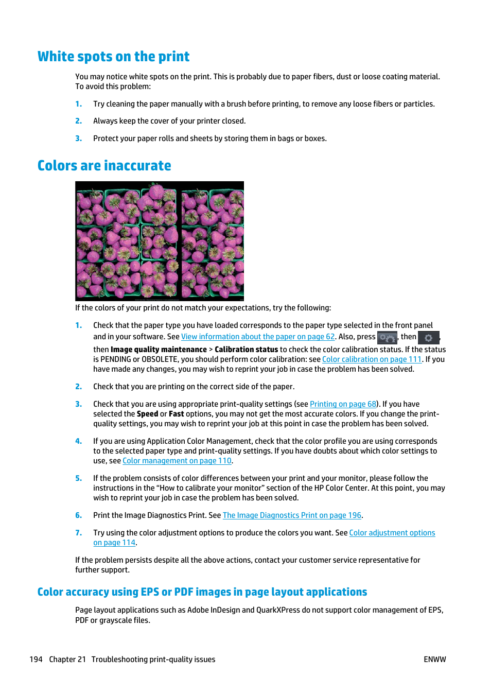White spots on the print, Colors are inaccurate, White spots on the print colors are inaccurate | HP Designjet T2500 eMultifunction Printer series User Manual | Page 204 / 263