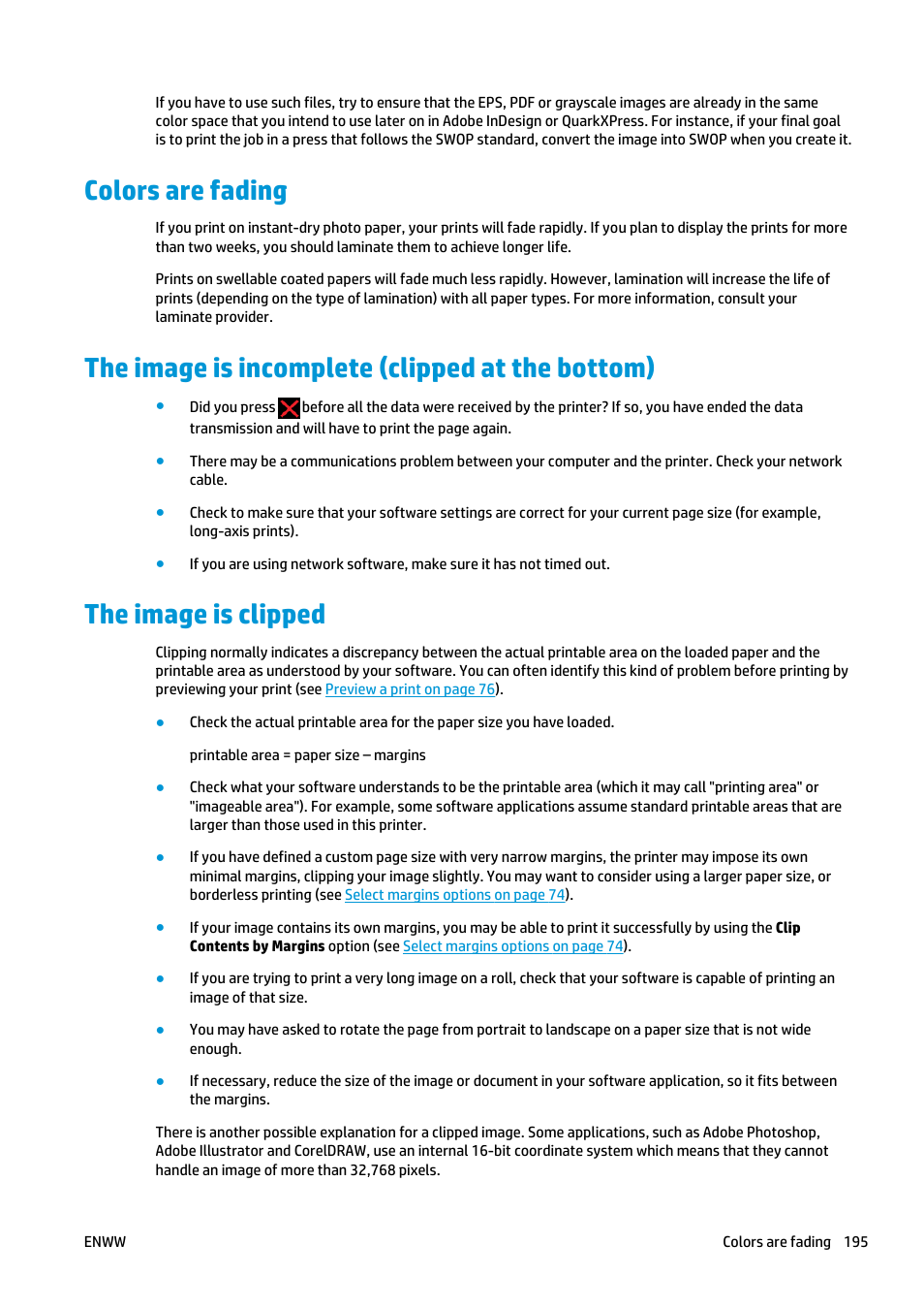 Colors are fading, The image is incomplete (clipped at the bottom), The image is clipped | HP Designjet T2500 eMultifunction Printer series User Manual | Page 205 / 263