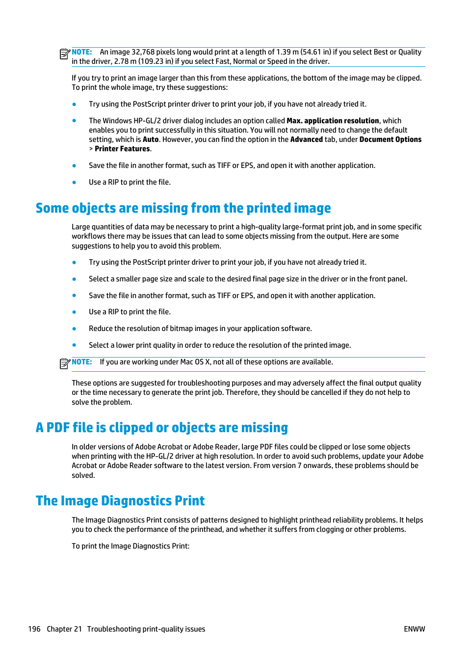 Some objects are missing from the printed image, A pdf file is clipped or objects are missing, The image diagnostics print | HP Designjet T2500 eMultifunction Printer series User Manual | Page 206 / 263