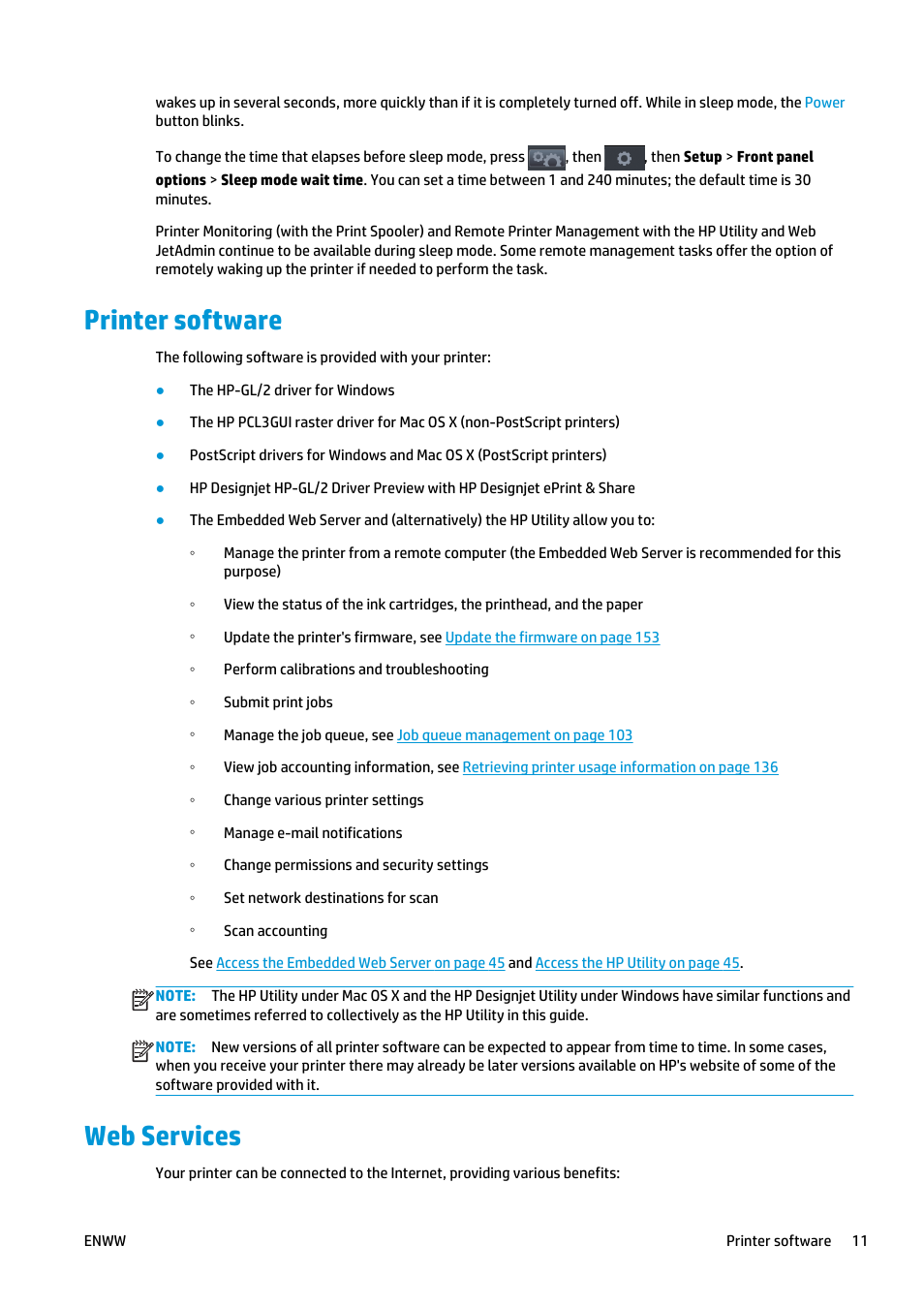 Printer software, Web services, Printer software web services | HP Designjet T2500 eMultifunction Printer series User Manual | Page 21 / 263