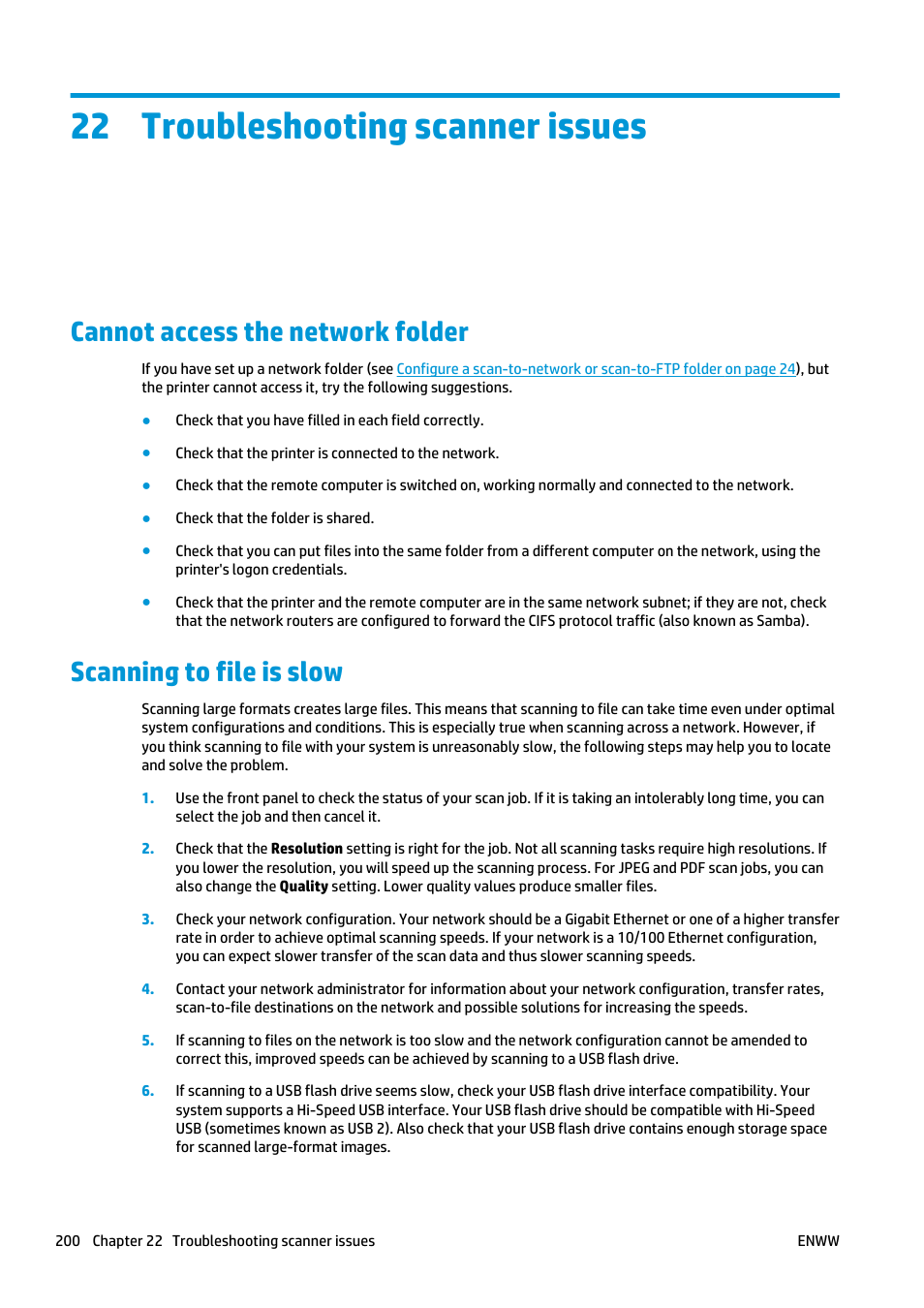 Troubleshooting scanner issues, Cannot access the network folder, Scanning to file is slow | 22 troubleshooting scanner issues | HP Designjet T2500 eMultifunction Printer series User Manual | Page 210 / 263