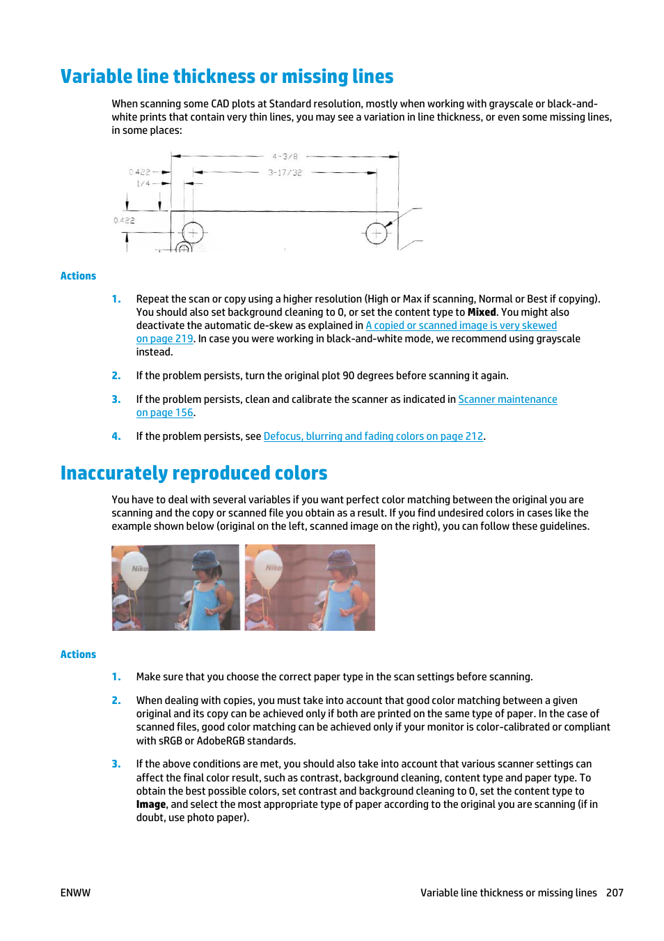 Variable line thickness or missing lines, Inaccurately reproduced colors | HP Designjet T2500 eMultifunction Printer series User Manual | Page 217 / 263