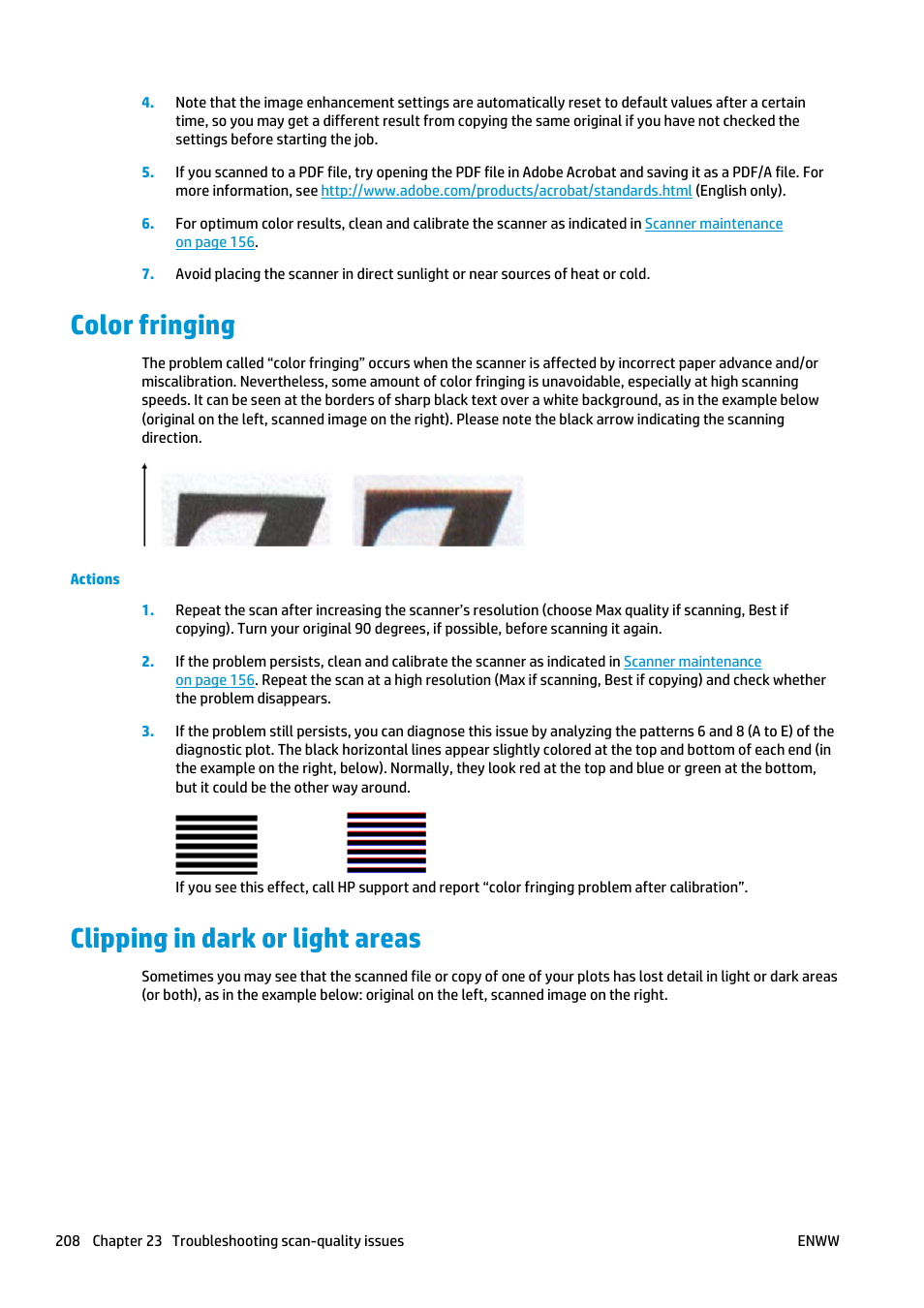 Color fringing, Clipping in dark or light areas, Color fringing clipping in dark or light areas | Clipping | HP Designjet T2500 eMultifunction Printer series User Manual | Page 218 / 263