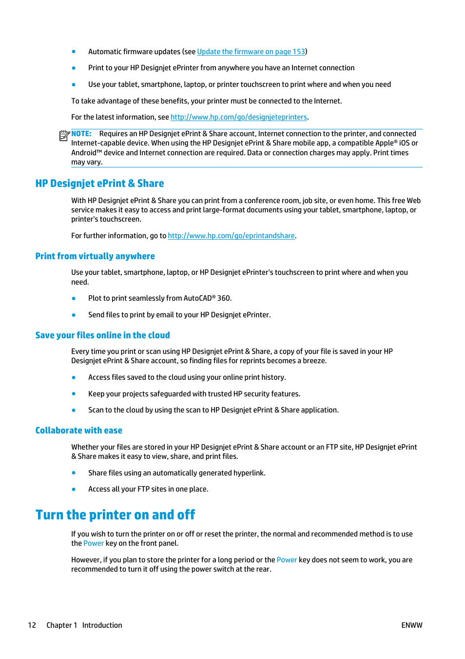 Hp designjet eprint & share, Print from virtually anywhere, Save your files online in the cloud | Collaborate with ease, Turn the printer on and off | HP Designjet T2500 eMultifunction Printer series User Manual | Page 22 / 263