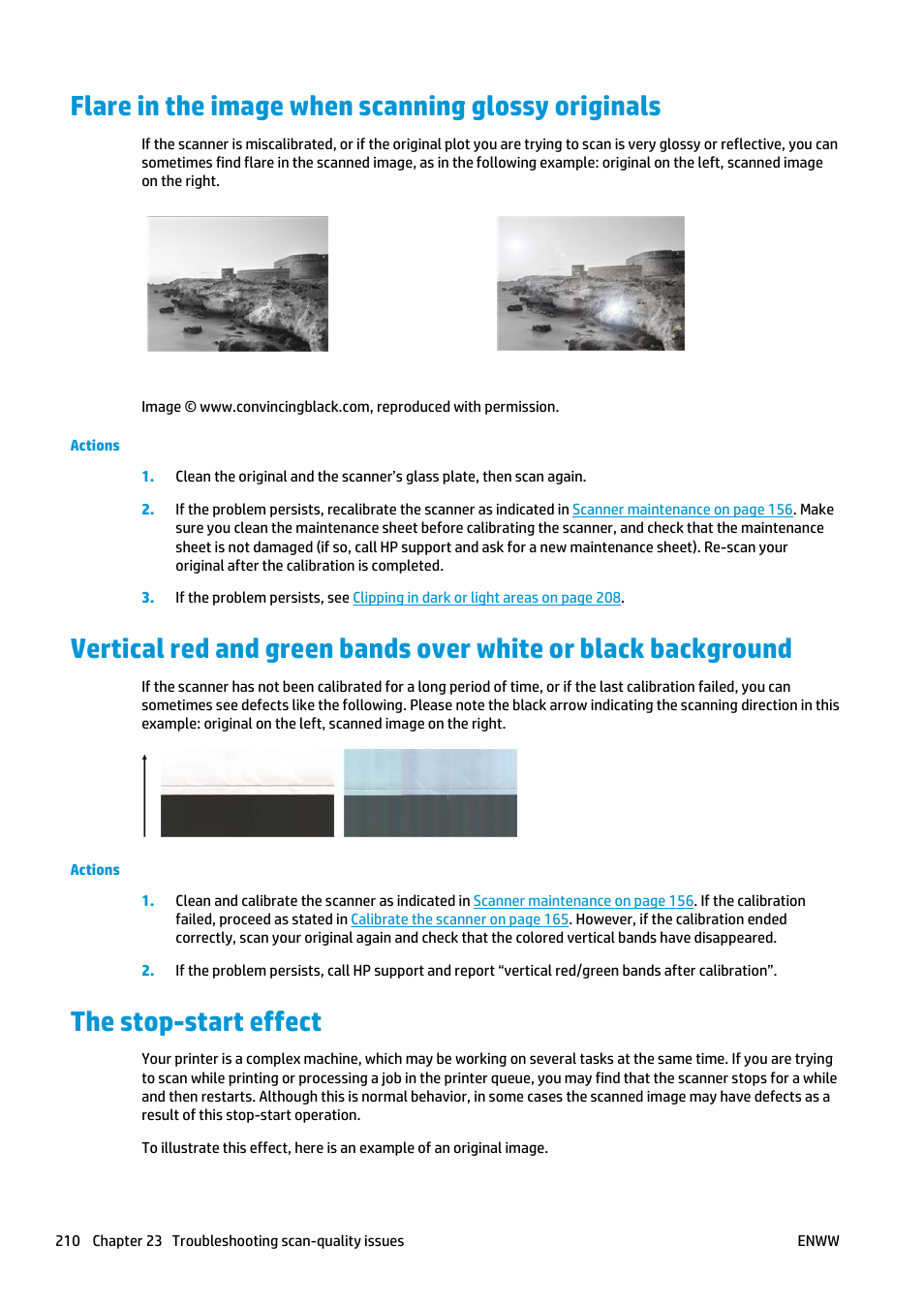 Flare in the image when scanning glossy originals, The stop-start effect | HP Designjet T2500 eMultifunction Printer series User Manual | Page 220 / 263