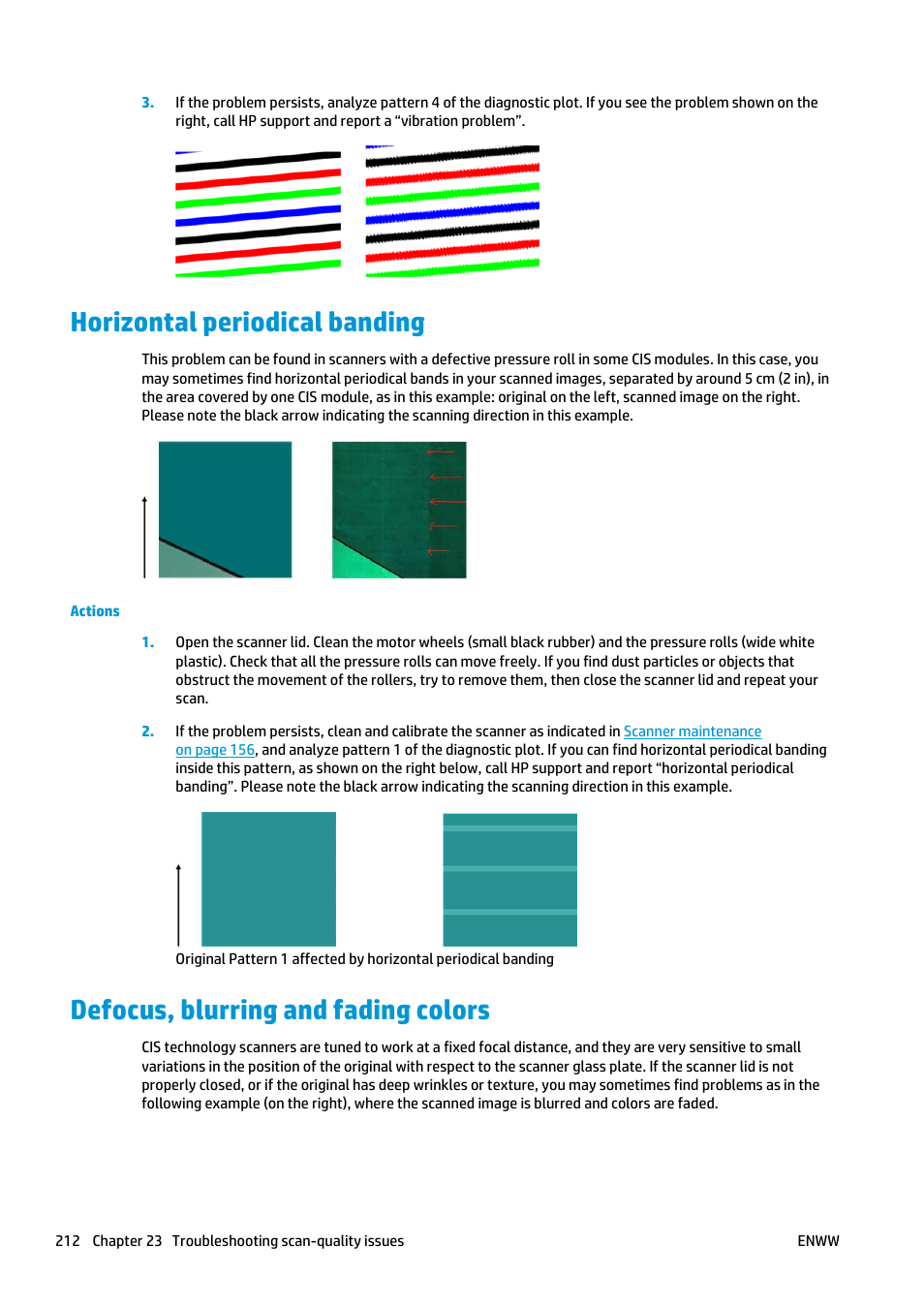 Horizontal periodical banding, Defocus, blurring and fading colors | HP Designjet T2500 eMultifunction Printer series User Manual | Page 222 / 263