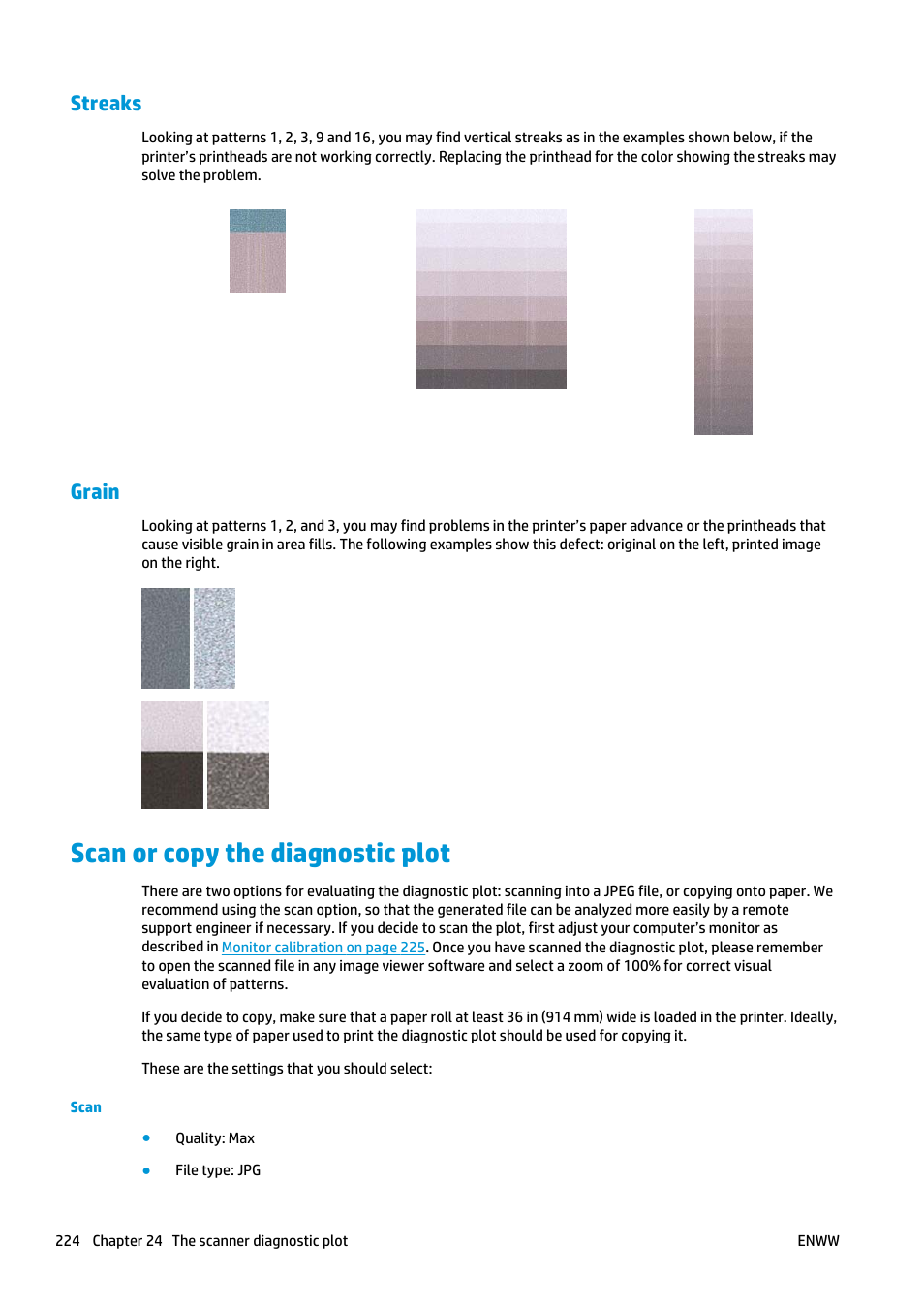 Streaks, Grain, Scan or copy the diagnostic plot | HP Designjet T2500 eMultifunction Printer series User Manual | Page 234 / 263