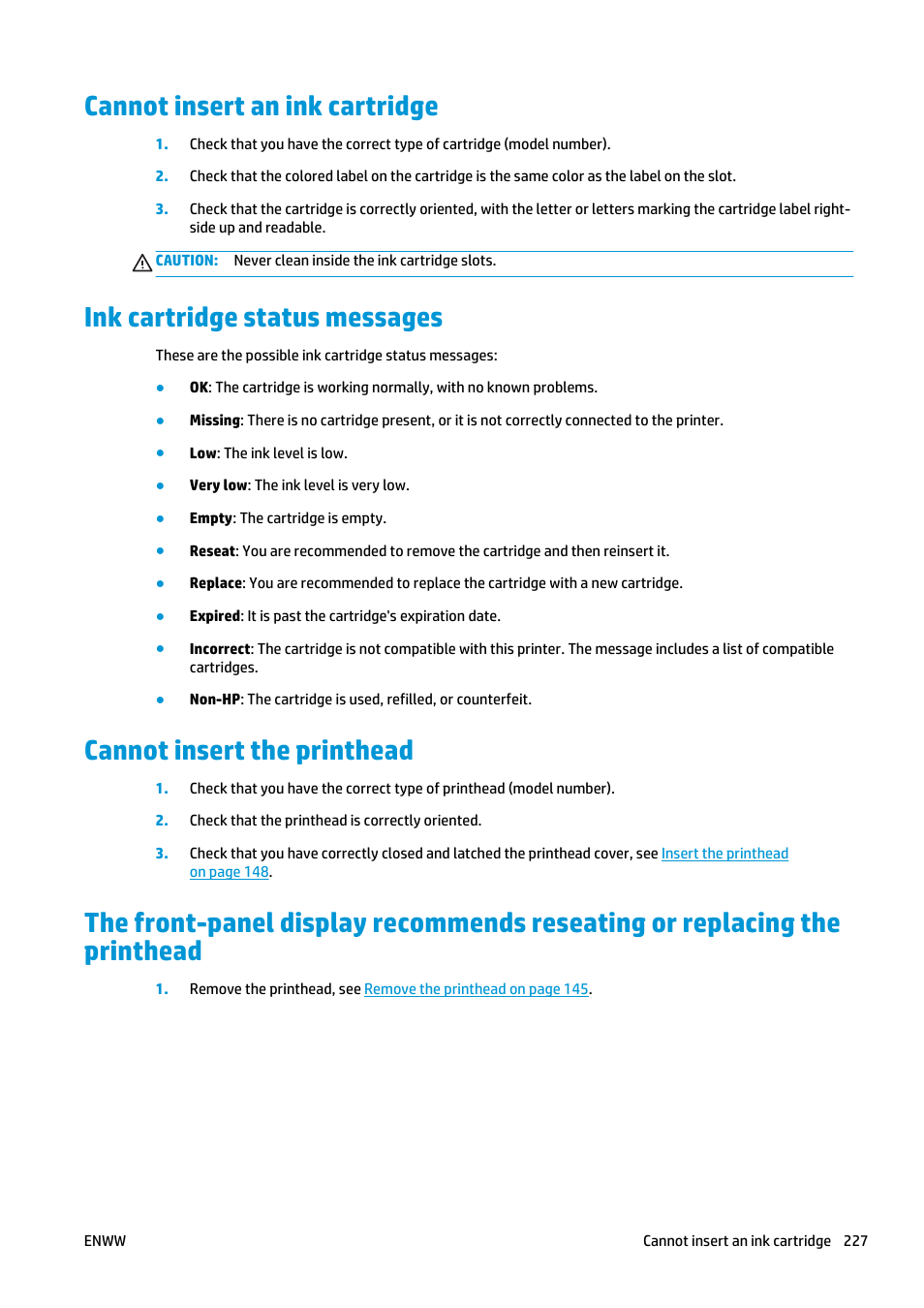 Cannot insert an ink cartridge, Ink cartridge status messages, Cannot insert the printhead | HP Designjet T2500 eMultifunction Printer series User Manual | Page 237 / 263