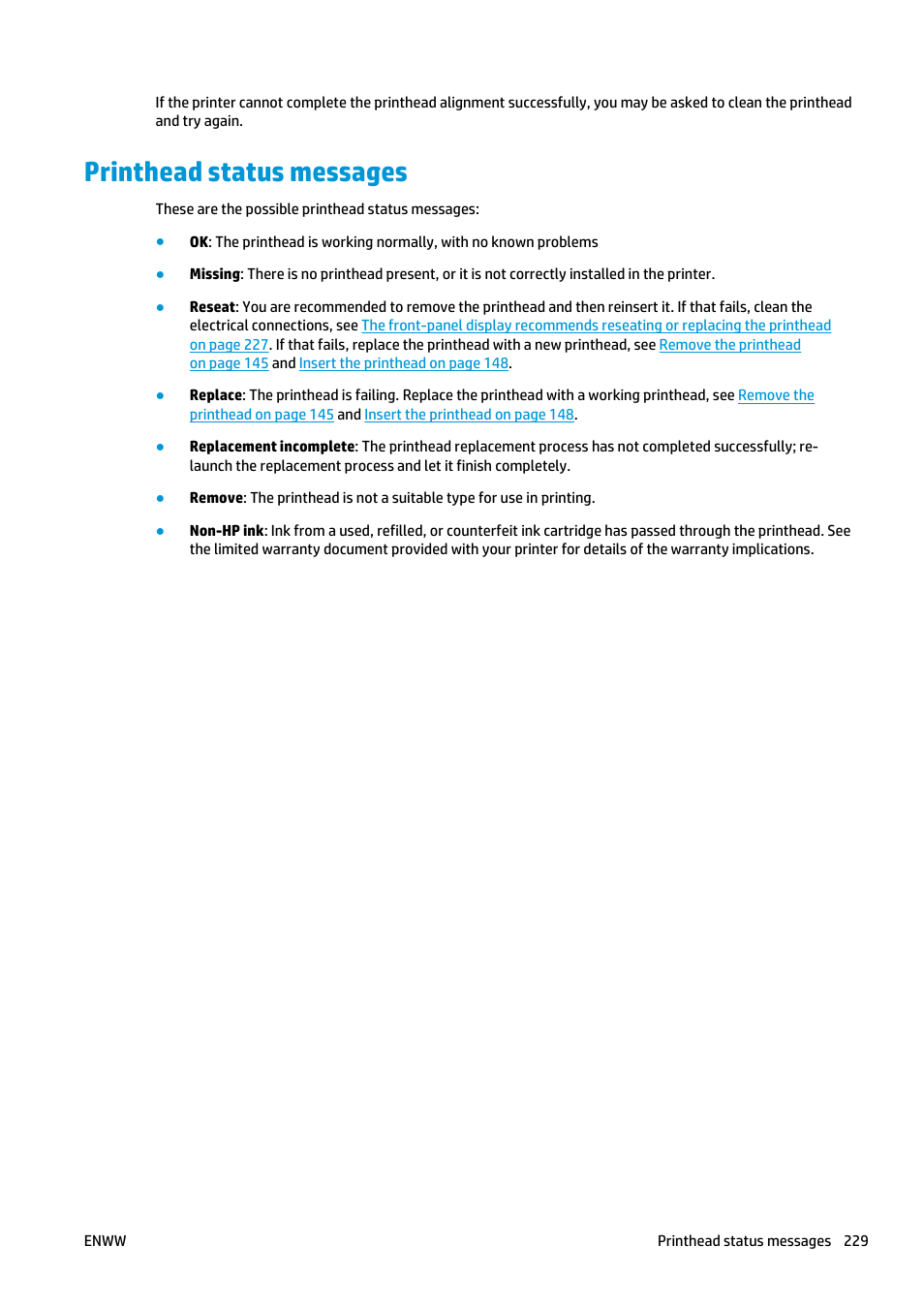 Printhead status messages | HP Designjet T2500 eMultifunction Printer series User Manual | Page 239 / 263