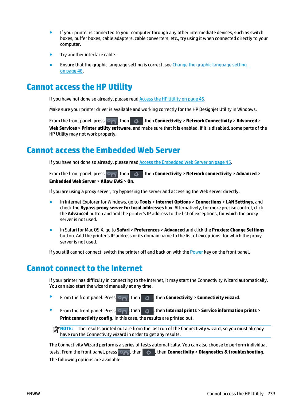 Cannot access the hp utility, Cannot access the embedded web server, Cannot connect to the internet | HP Designjet T2500 eMultifunction Printer series User Manual | Page 243 / 263