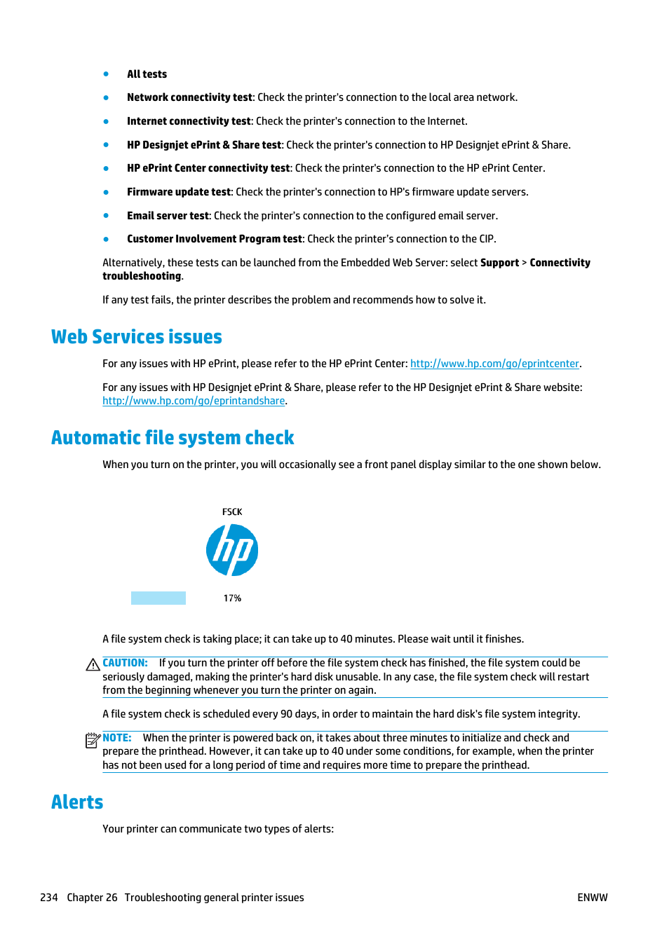 Web services issues, Automatic file system check, Alerts | HP Designjet T2500 eMultifunction Printer series User Manual | Page 244 / 263