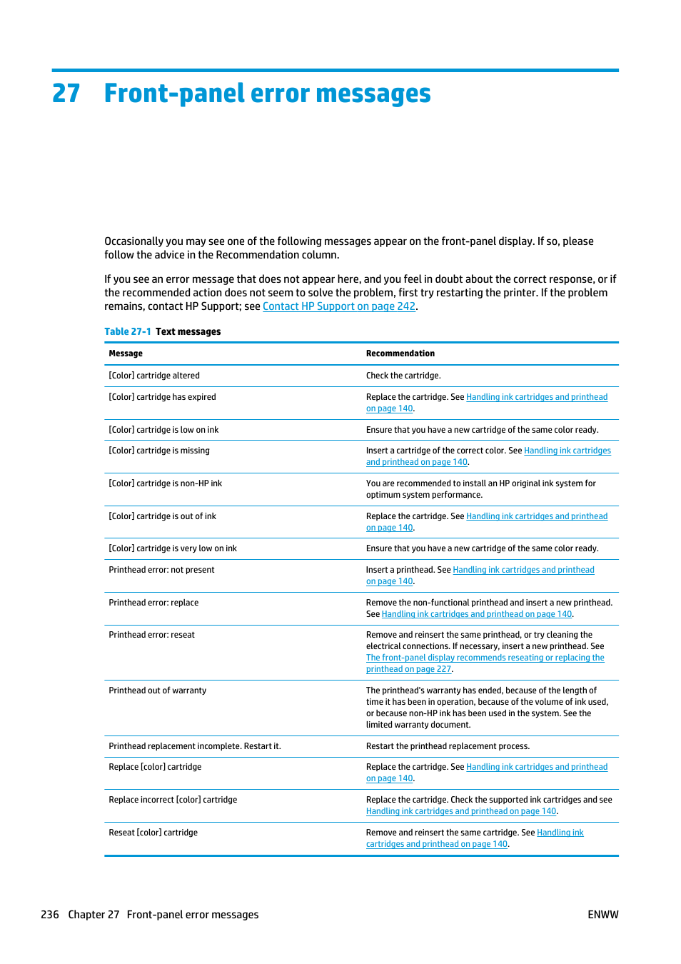 Front-panel error messages, 27 front-panel error messages | HP Designjet T2500 eMultifunction Printer series User Manual | Page 246 / 263