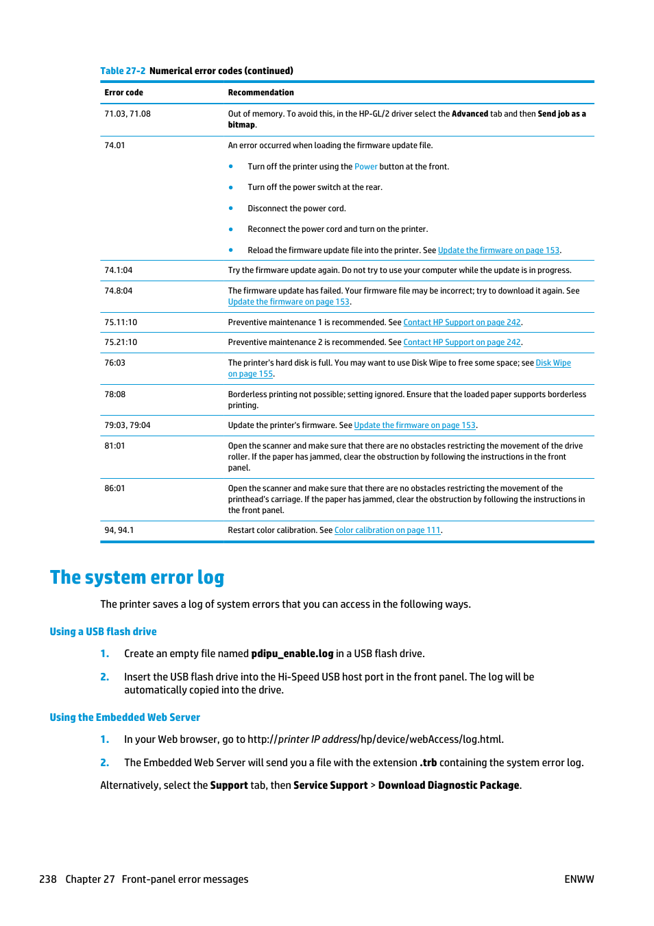 The system error log | HP Designjet T2500 eMultifunction Printer series User Manual | Page 248 / 263