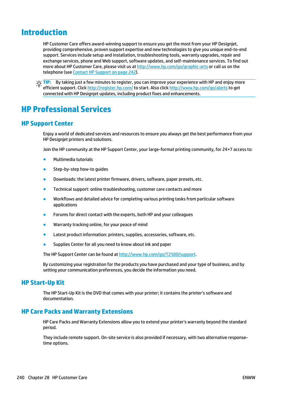 Introduction, Hp professional services, Hp support center | Hp start-up kit, Hp care packs and warranty extensions, Introduction hp professional services | HP Designjet T2500 eMultifunction Printer series User Manual | Page 250 / 263