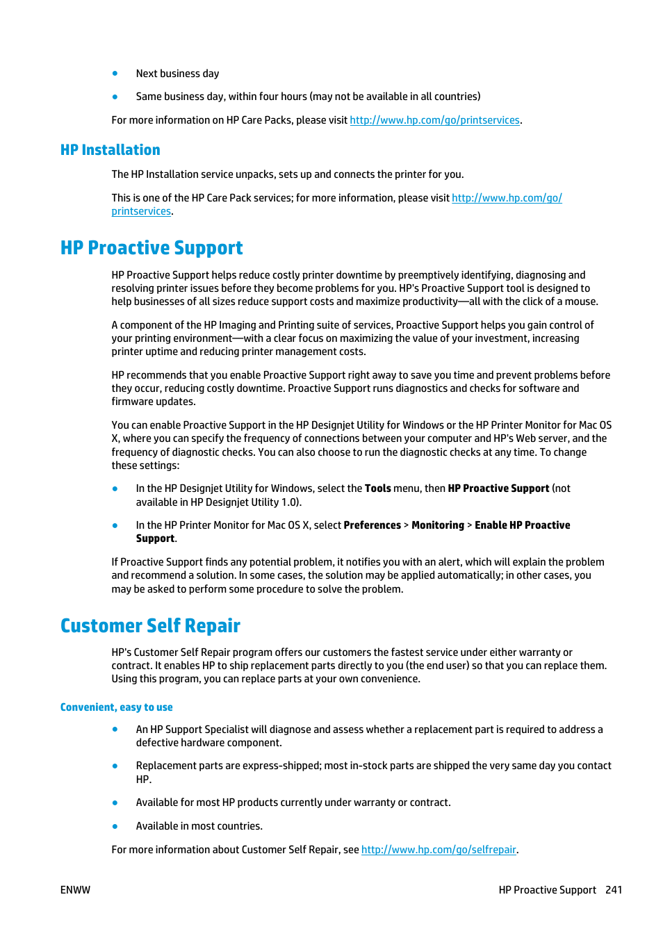 Hp installation, Hp proactive support, Customer self repair | Hp proactive support customer self repair | HP Designjet T2500 eMultifunction Printer series User Manual | Page 251 / 263