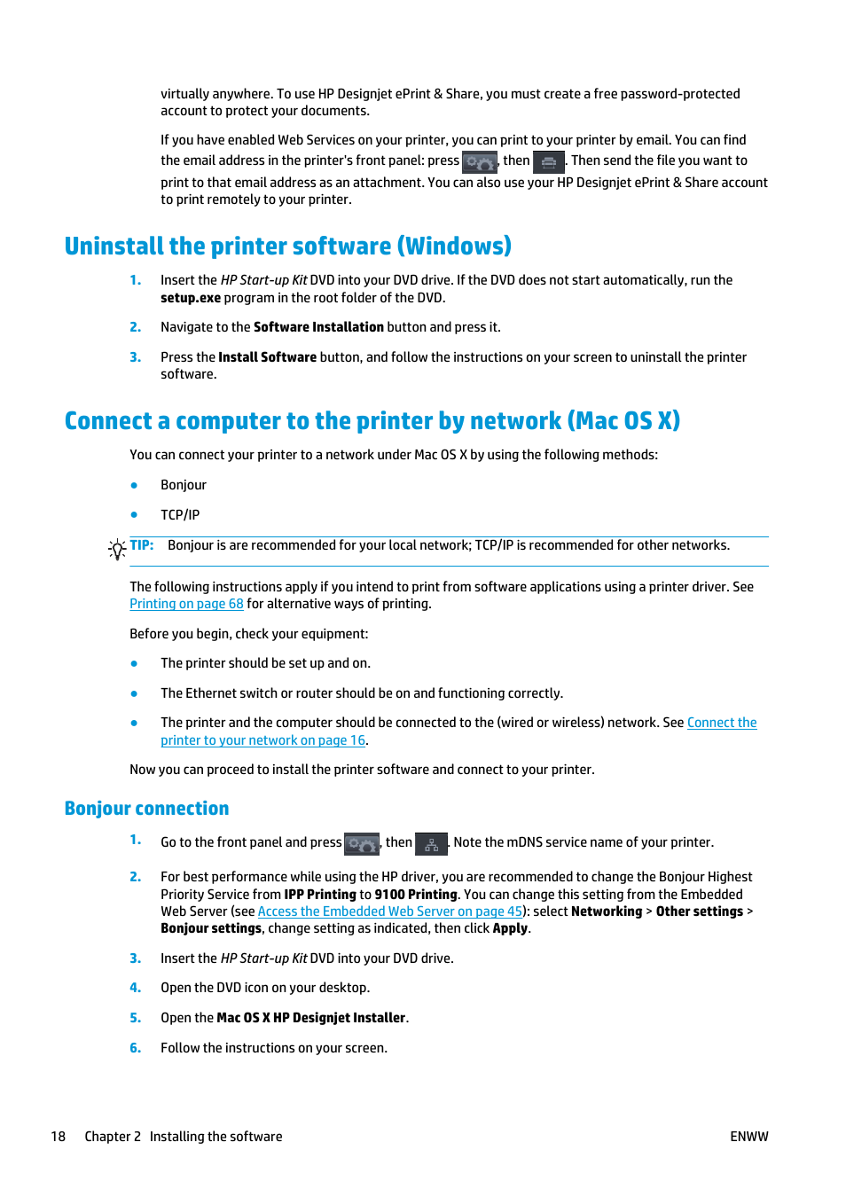 Uninstall the printer software (windows), Bonjour connection | HP Designjet T2500 eMultifunction Printer series User Manual | Page 28 / 263