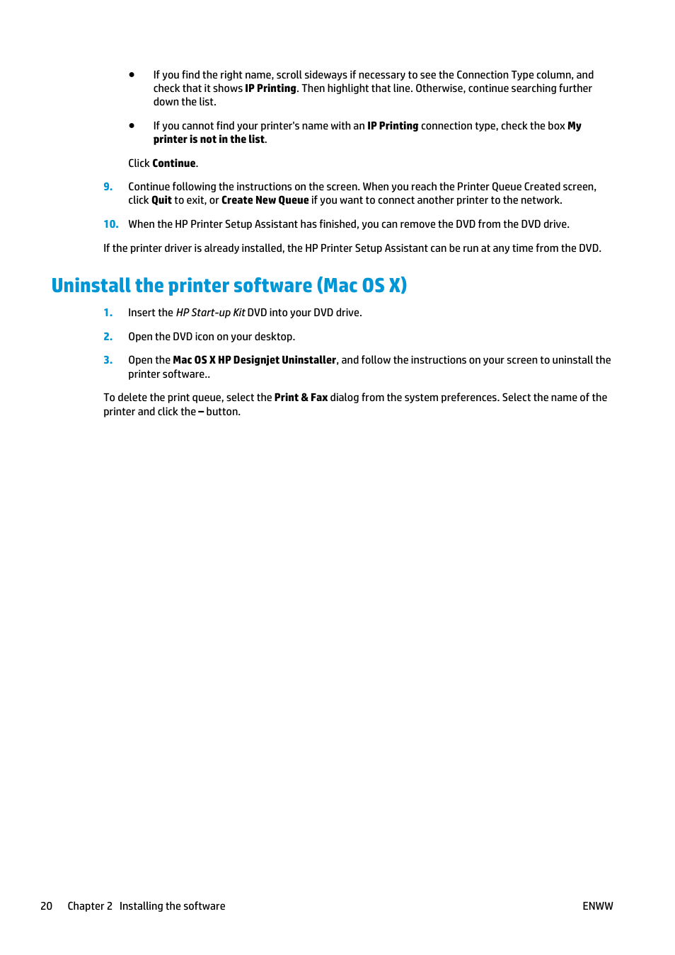 Uninstall the printer software (mac os x) | HP Designjet T2500 eMultifunction Printer series User Manual | Page 30 / 263