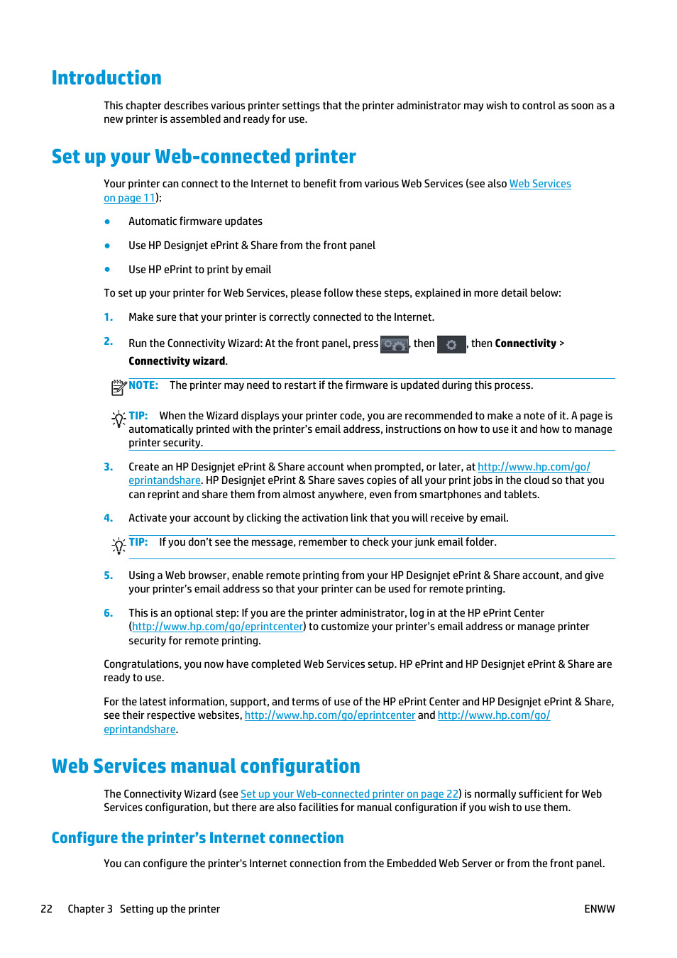 Introduction, Set up your web-connected printer, Web services manual configuration | Configure the printer’s internet connection | HP Designjet T2500 eMultifunction Printer series User Manual | Page 32 / 263