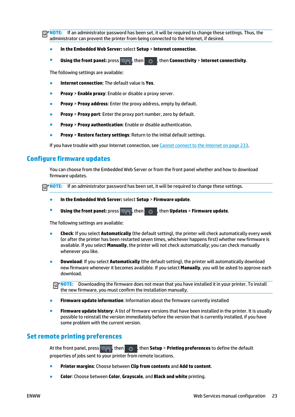 Configure firmware updates, Set remote printing preferences | HP Designjet T2500 eMultifunction Printer series User Manual | Page 33 / 263