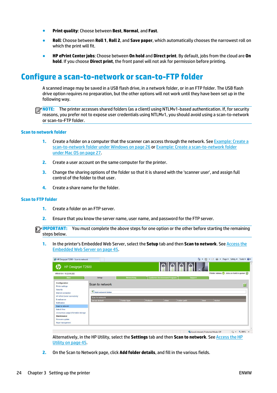 Configure a scan-to-network or scan-to-ftp folder | HP Designjet T2500 eMultifunction Printer series User Manual | Page 34 / 263