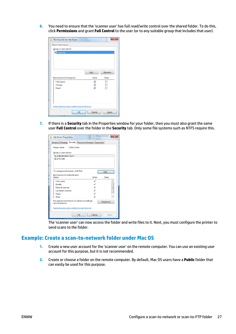 Example: create a scan-to-network folder | HP Designjet T2500 eMultifunction Printer series User Manual | Page 37 / 263