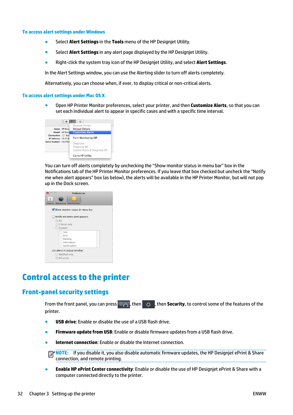 Control access to the printer, Front-panel security settings | HP Designjet T2500 eMultifunction Printer series User Manual | Page 42 / 263