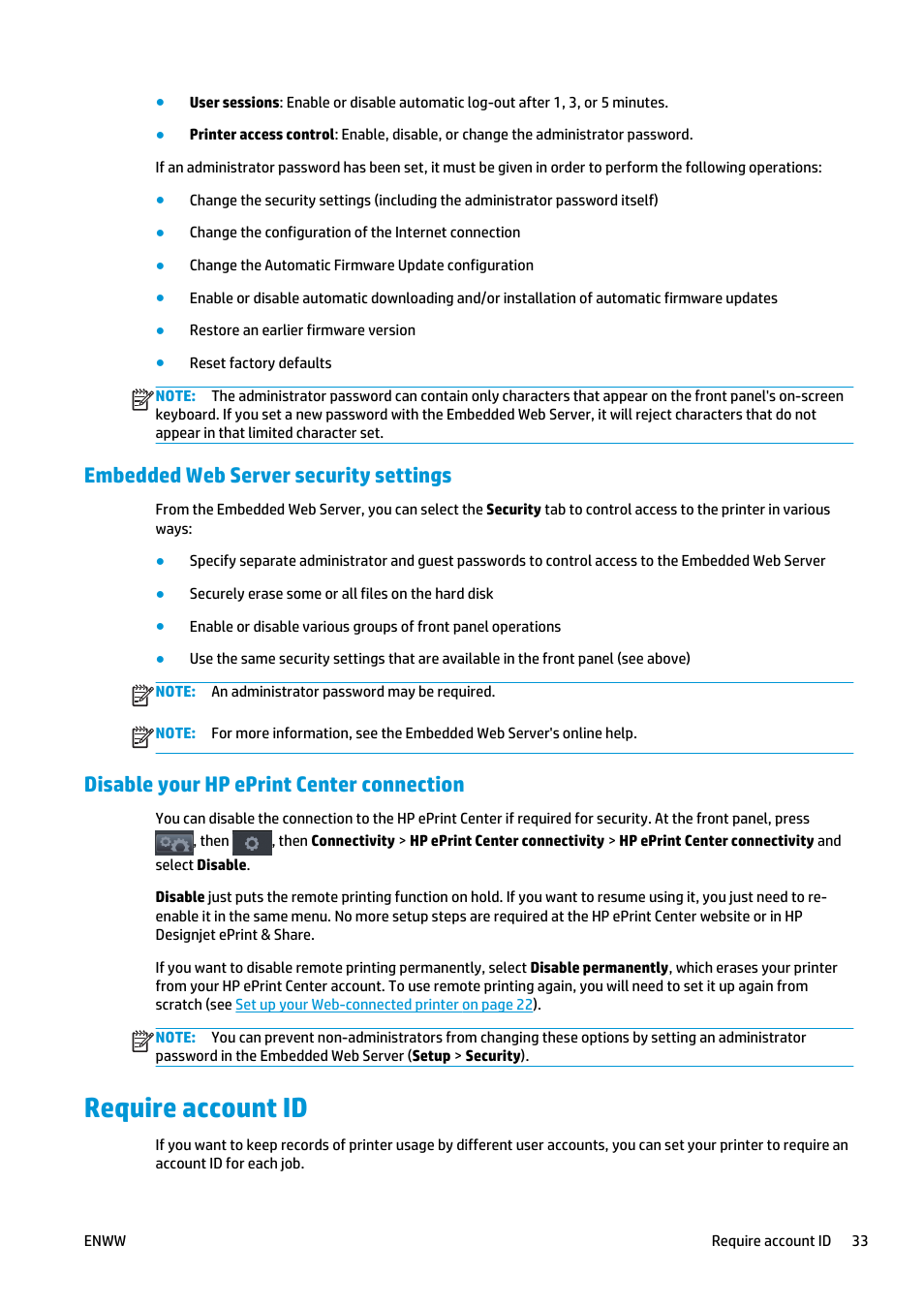 Embedded web server security settings, Disable your hp eprint center connection, Require account id | HP Designjet T2500 eMultifunction Printer series User Manual | Page 43 / 263