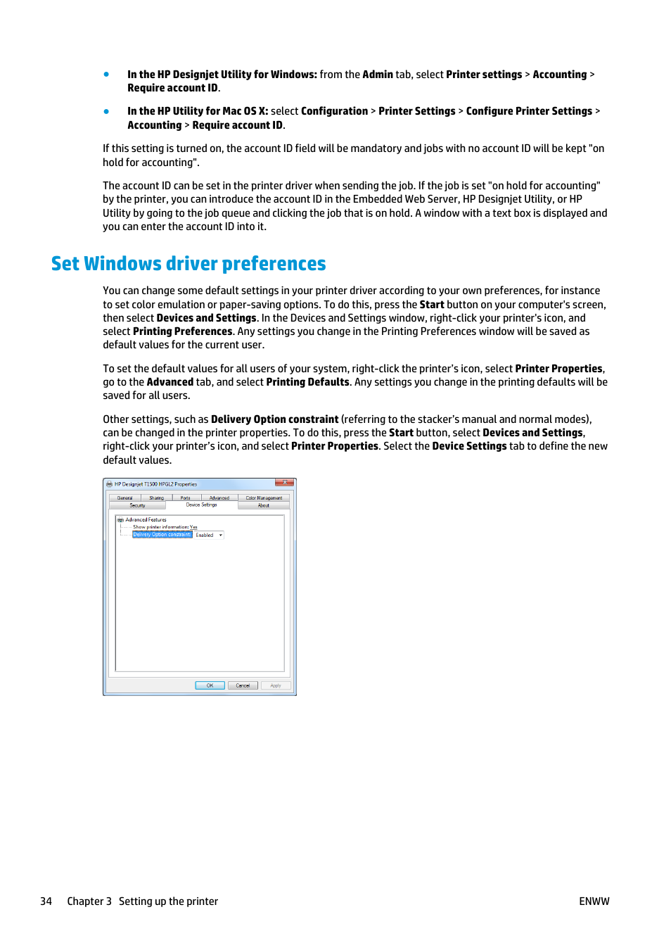 Set windows driver preferences | HP Designjet T2500 eMultifunction Printer series User Manual | Page 44 / 263