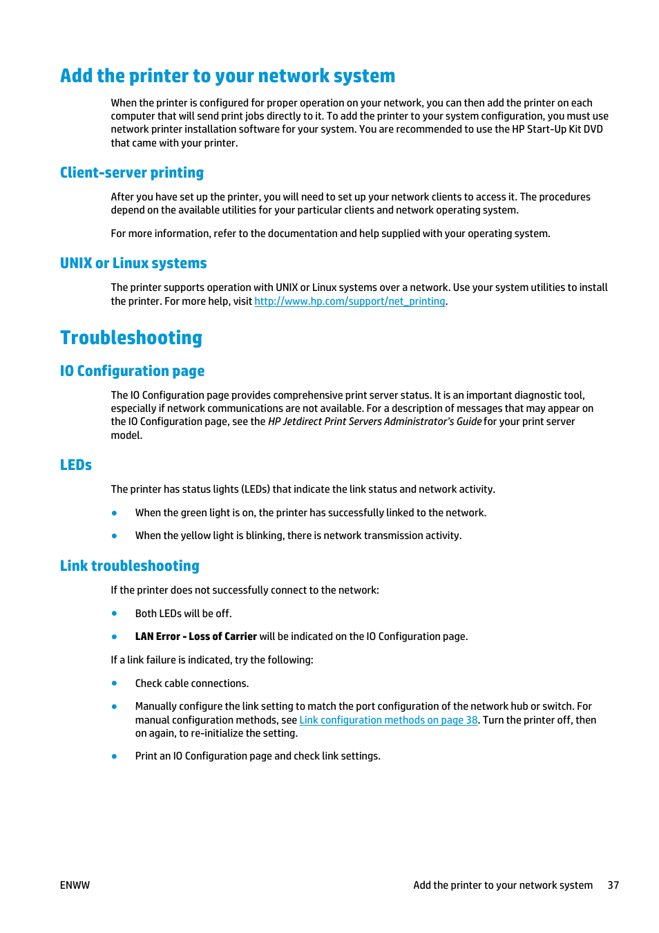 Add the printer to your network system, Client-server printing, Unix or linux systems | Troubleshooting, Leds, Link troubleshooting, Io configuration page | HP Designjet T2500 eMultifunction Printer series User Manual | Page 47 / 263