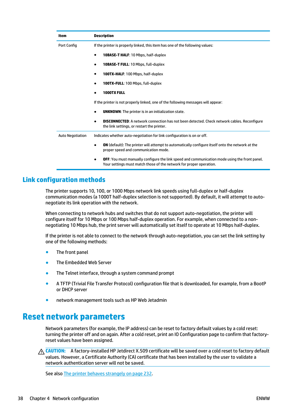 Link configuration methods, Reset network parameters | HP Designjet T2500 eMultifunction Printer series User Manual | Page 48 / 263