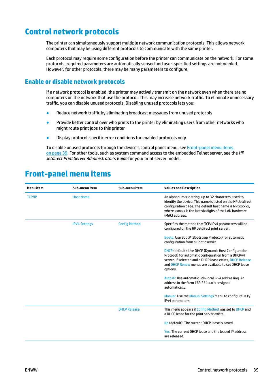 Control network protocols, Enable or disable network protocols, Front-panel menu items | Control network protocols front-panel menu items | HP Designjet T2500 eMultifunction Printer series User Manual | Page 49 / 263