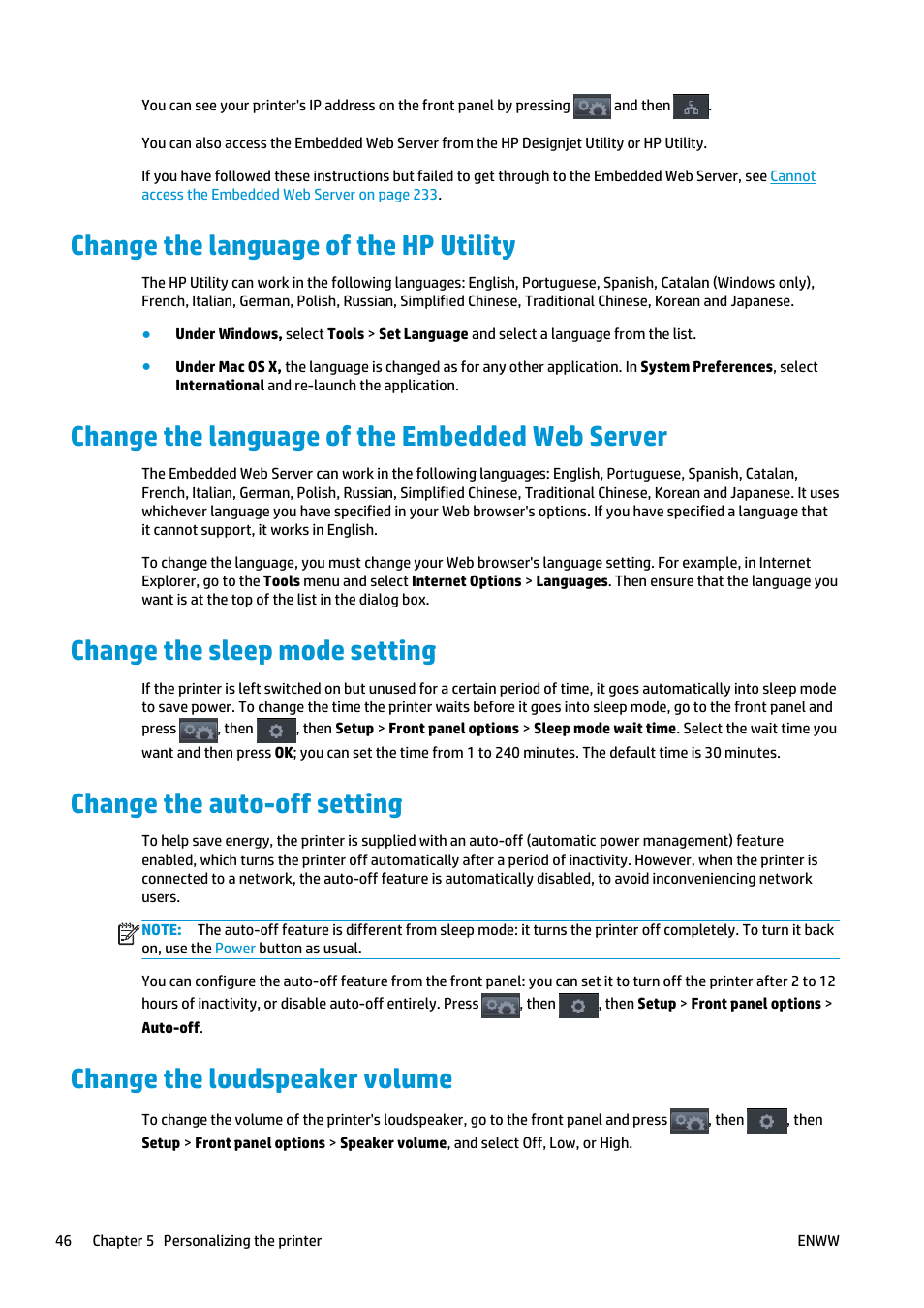 Change the language of the hp utility, Change the language of the embedded web server, Change the sleep mode setting | Change the auto-off setting, Change the loudspeaker volume | HP Designjet T2500 eMultifunction Printer series User Manual | Page 56 / 263
