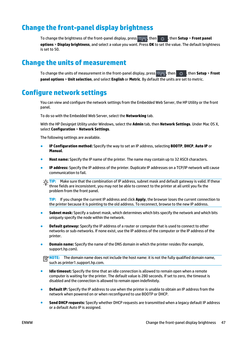 Change the front-panel display brightness, Change the units of measurement, Configure network settings | HP Designjet T2500 eMultifunction Printer series User Manual | Page 57 / 263