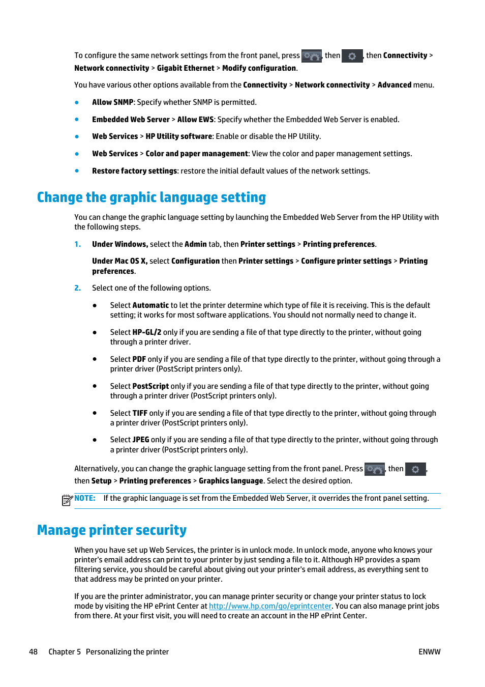 Change the graphic language setting, Manage printer security | HP Designjet T2500 eMultifunction Printer series User Manual | Page 58 / 263