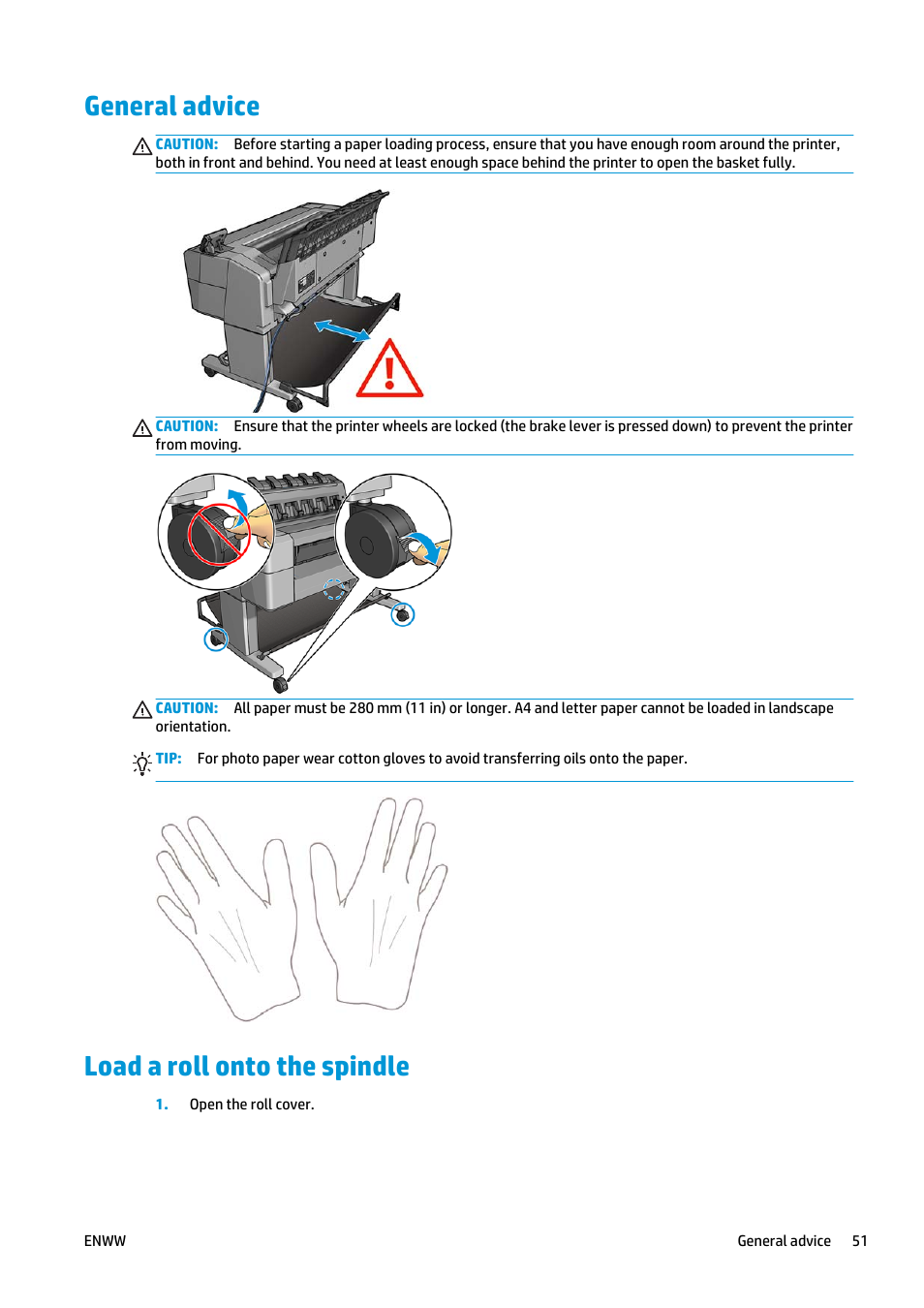 General advice, Load a roll onto the spindle, General advice load a roll onto the spindle | HP Designjet T2500 eMultifunction Printer series User Manual | Page 61 / 263
