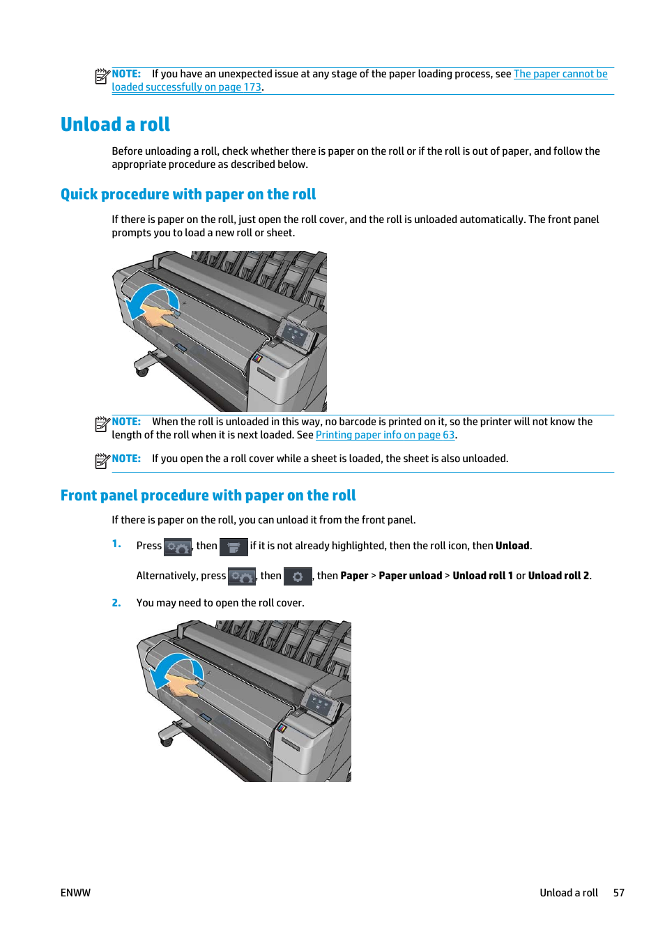 Unload a roll, Quick procedure with paper on the roll, Front panel procedure with paper on the roll | HP Designjet T2500 eMultifunction Printer series User Manual | Page 67 / 263