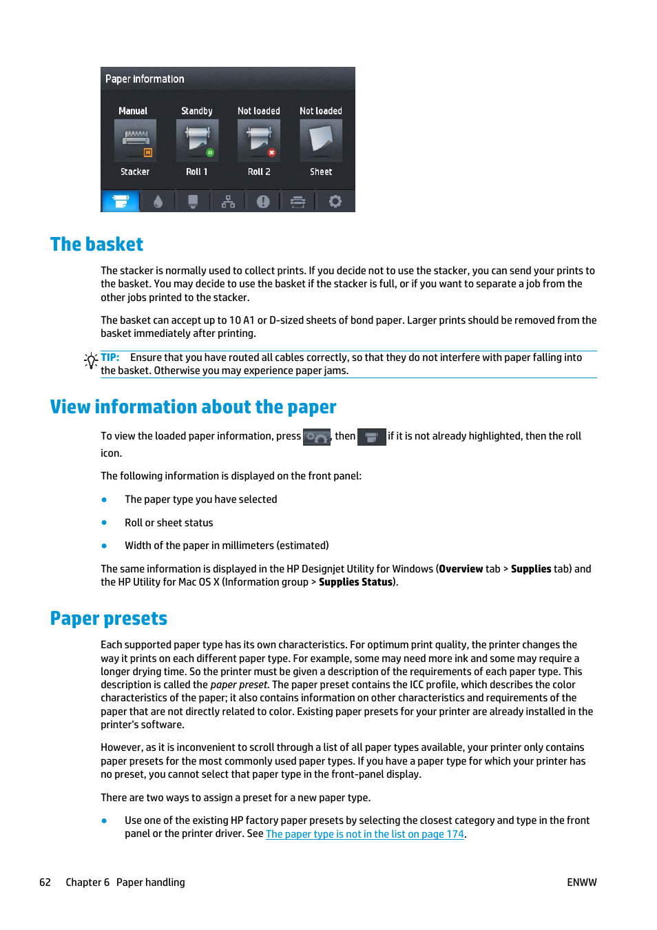 The basket, View information about the paper, Paper presets | HP Designjet T2500 eMultifunction Printer series User Manual | Page 72 / 263